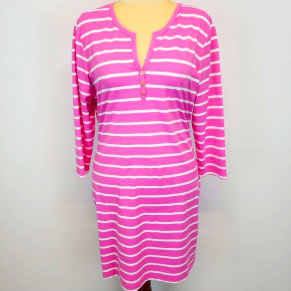 J.McLaughlin Henley Dress, Size Medium, Pink Stripe 3/4 Sleeve Stretch Luxe